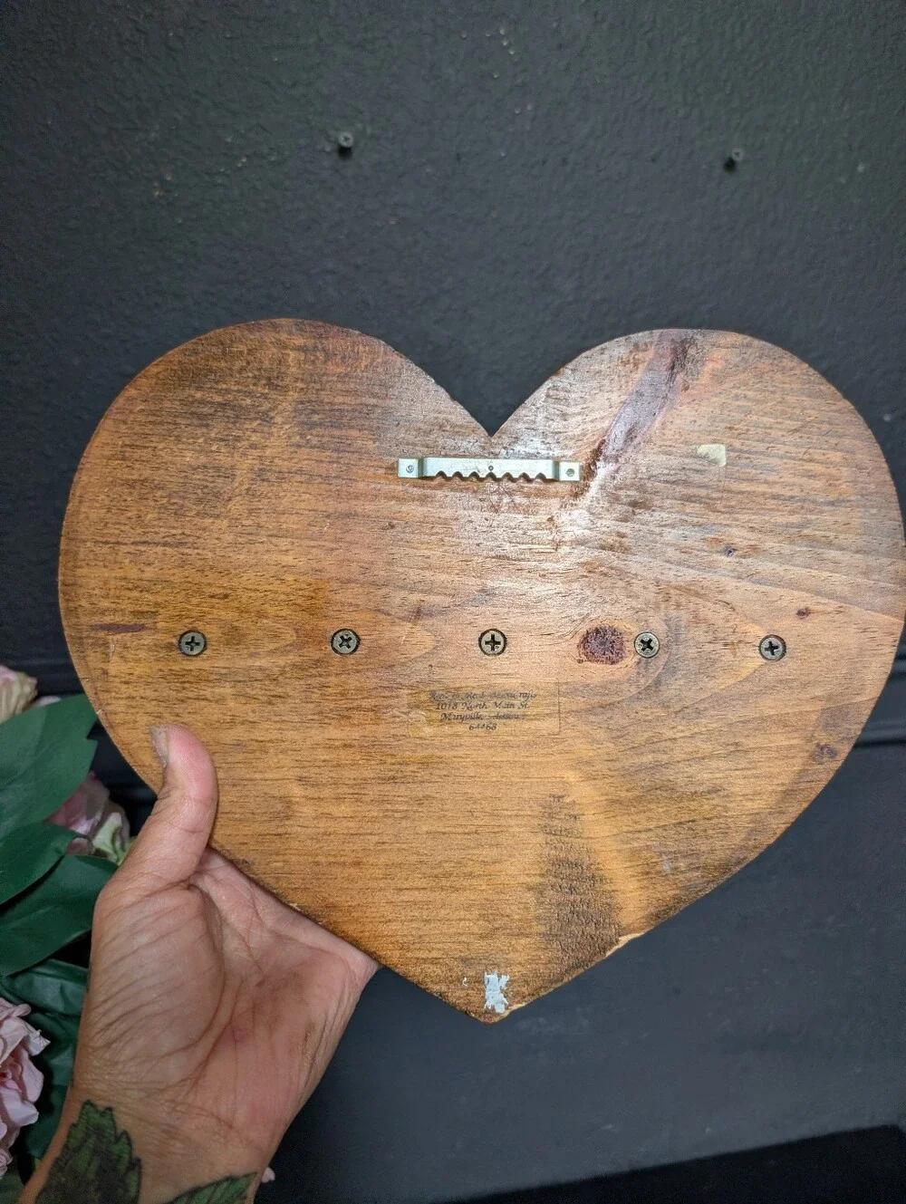 Vintage Walnut Color wooden heart-shaped wall shelf, small display ledge